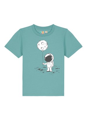 Türkises T-Shirt mit kurzen Ärmeln, das einen cartoonhaften Astronauten zeigt, der einen mondförmigen Luftballon hält, in einem einfachen Schwarz-Weiß-Design.
