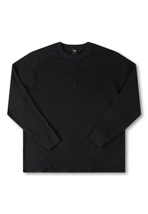 Svart långärmad ribbad sweatshirt med rund halsringning och elastiska manschetter. Har ett texturerat mönster över tyget.
