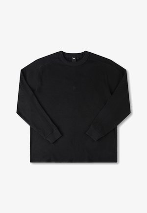 Čierny dlhý rukáv rebrovaný sveter s kruhovým výstrihom a elasticými manžetami. Obsahuje textúrovaný vzor po celej látke.