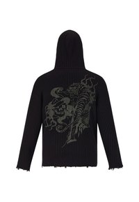 Hoodie nero a costine con collo alto, caratterizzato da un design grafico testurizzato argento sul retro e dettagli con orlo sfrangiato.