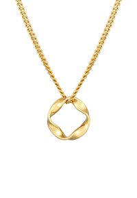 Gouden ketting met een gedraaid hanger in een lusvorm, met een textuur van schakels. Glanzende afwerking met een glad oppervlak.