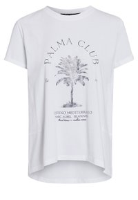 Weißes T-Shirt mit kurzen Ärmeln, das ein Palmbaum-Graphic, den Text "PALMA CLUB" und zusätzliche Druckdetails zeigt. Lässiger Schnitt mit abgerundetem Saum.