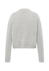 Hellgrauer, verkürzter Pullover, gestrickte Textur, gerippte Bündchen und Saum, runder Ausschnitt, überschnittene Schultern, nahtloser Abschluss, weiches und gemütliches Erscheinungsbild.