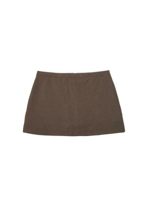 Brun mininederdel i bomuldsblanding med lige kant og enkel linning, lagt fladt på en hvid baggrund.