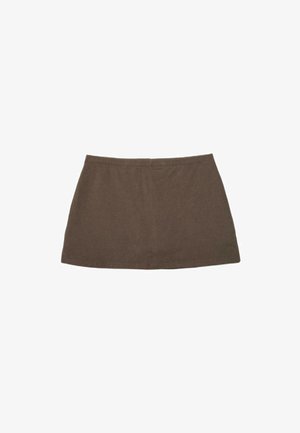 Brun mininederdel i bomuldsblanding med lige kant og enkel linning, lagt fladt på en hvid baggrund.