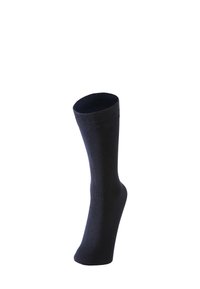 Calzino blu scuro realizzato in un materiale morbido e texturizzato. Presenta una parte superiore a coste e un corpo liscio, progettato per una vestibilità confortevole.