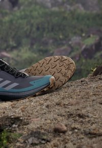 Blauer und schwarzer Traillaufschuh mit gemusterter brauner Sohle, platziert auf felsigem Gelände, mit sichtbarem GORE-TEX-Logo an der Seite.