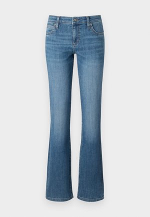 Uppskuren blå jeans i denim, med hög midja, fem fickor och subtil blekning vid låret, samt sydda sömmar.