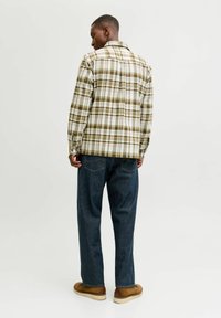 Rutig skjorte i jordfarver, med lange ærmer og krave. Båret med mørke denimjeans og brune slip-on sko.