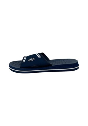 Sandalo slide blu navy con strisce bianche e sottopiede testurizzato, suola piatta e design con punta aperta su sfondo bianco.