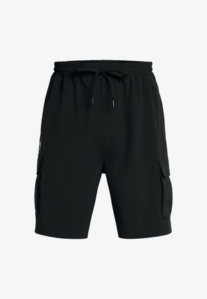Zwarte cargoshorts van lichtgewicht stof, met een elastische tailleband en aansnoerkoord, zijzakken en een rechte snit.