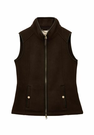 Brown fleece vest with a high collar, two zippered pockets, and contrasting black trim along the zipper and armholes.