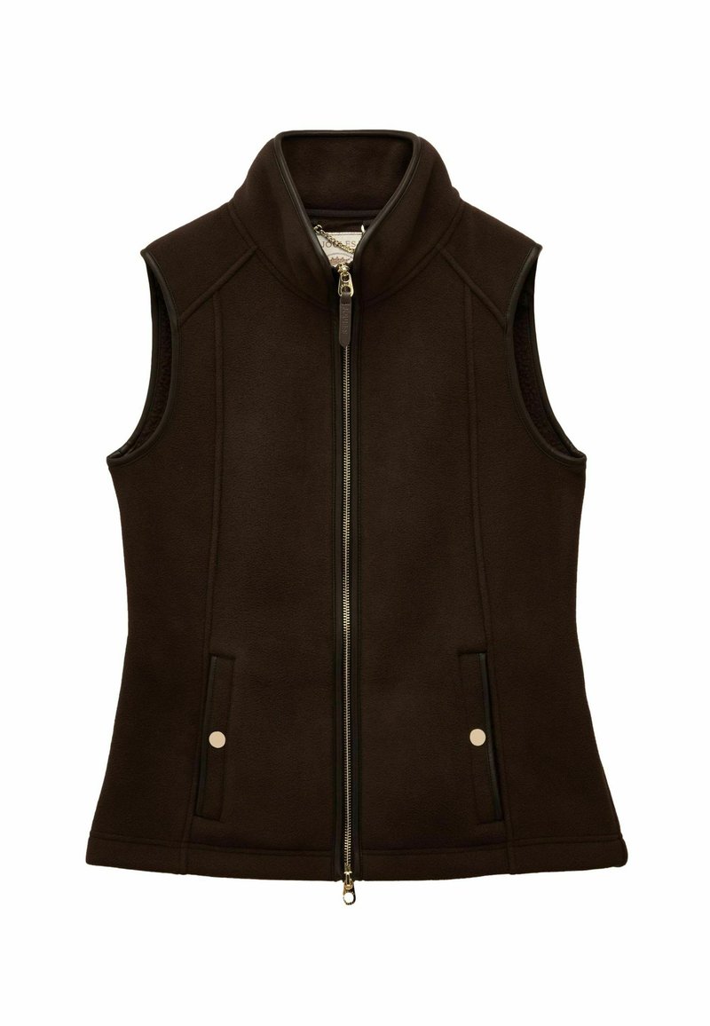 Braune Fleeceweste mit hohem Kragen, zwei Reißverschlusstaschen und kontrastierenden schwarzen Besätzen entlang des Reißverschlusses und der Armöffnungen.