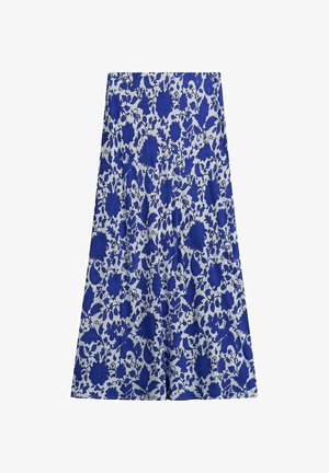 Biała spódnica z niebieskim kwiatowym wzorem, długość do połowy łydki, fason w literę A, z gęstymi, misternie haftowanymi kwiatami i liśćmi.