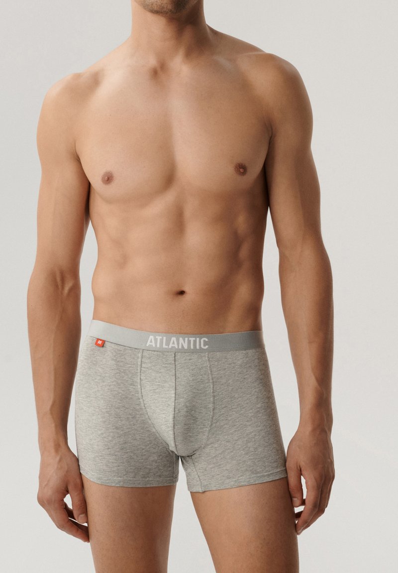 Szare slipy bokserskie o dopasowanym kroju, wykonane z miękkiej tkaniny bawełnianej, z kontrastującą szarością gumką z logo "ATLANTIC".