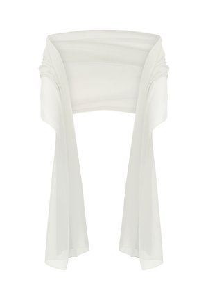 Sheer white scarf with a soft, lightweight texture, featuring draped ends and a gathered center, designed for versatile styling.