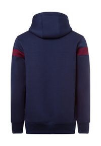 Sudadera azul marino de mezcla de algodón suave, con capucha y franjas de acento burdeos en los hombros, además de puños y cinturilla acanalados.