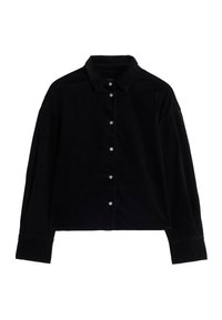 Camicia in corduroy nera con collo a camicia, chiusura con bottoni, spalle cadenti e maniche lunghe con polsini a bottoni.