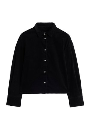 Chemise en velours côtelé noire avec un col, fermeture à boutons à l'avant, épaules tombantes et manches longues avec poignets à boutons.