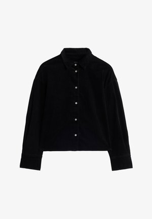 Chemise en velours côtelé noire avec un col, fermeture à boutons à l'avant, épaules tombantes et manches longues avec poignets à boutons.