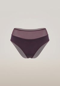 Höga mörklila damunderkläder med semitransparent nätpaneler vid midjan och sidorna mot en neutral bakgrund.