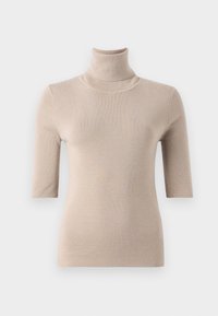 Suéter beige de cuello alto con mangas cortas, textura acanalada y diseño ajustado. Tejido suave con un ligero brillo y escote sin costuras.
