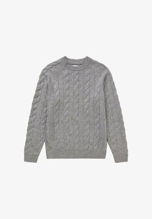 Szary sweter z dzianiny w splot warkoczowy z okrągłym dekoltem, z wypukłymi wzorami oraz ściągaczami przy mankietach i u dołu. Miękka tekstura i swobodny krój.