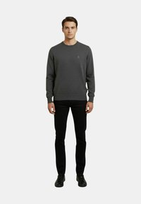 Maglione grigio lavorato a maglia con scollo rotondo, caratterizzato da un piccolo logo sul petto. Indossato con pantaloni neri e scarpe, in piedi su uno sfondo bianco.