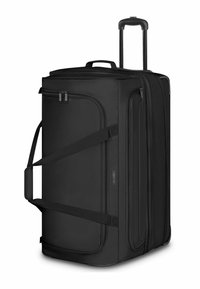 Borsa da viaggio nera con ruote, di forma rettangolare, realizzata in tessuto testurizzato. Presenta scomparti con doppio zip, manici rinforzati e spallacci regolabili.