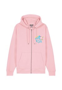 Felpa con zip di colore rosa chiaro, realizzata in tessuto morbido, con una grafica di squalo blu sul petto e tasche a marsupio.