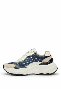 Sneakers with a combination of navy leather, textured blue mesh, and cream accents. Features thick white sole and rounded toe.