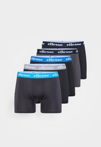 Five pairs of men's boxer briefs in black, dark gray, and light gray, with elasticated waistbands featuring "ellesse" logo in white and blue.