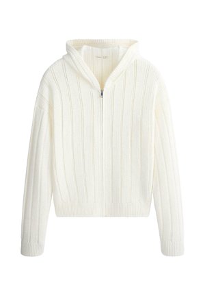 White knitted zip-up hoodie with cable pattern, long sleeves, and ribbed cuffs and hem.