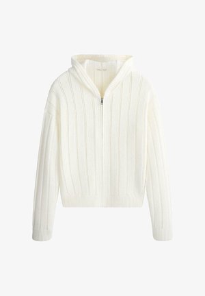 White knitted zip-up hoodie with cable pattern, long sleeves, and ribbed cuffs and hem.