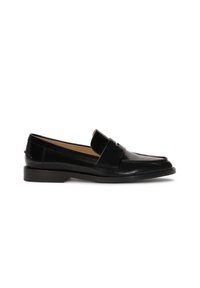 Black leather loafers with a smooth finish, rounded toe, and a decorative strap across the front. Low block heel design.