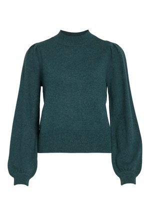 Sötét kék kötött pulóver magas nyakkal, puffos hosszú ujjak és bordás mandzsetta valamint hem. Puha textúra, testhez álló kivitel.