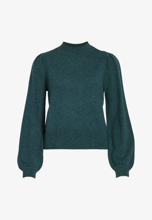Suéter de punto en verde azulado con cuello alto, mangas largas abullonadas y puños y dobladillo acanalados. Textura suave, diseño ajustado.