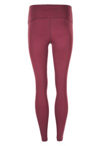 Leggings malva con vita alta, realizzati in materiale liscio e elasticizzato. Presentano cuciture piatte senza alcun motivo o accento visibile.