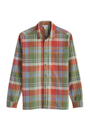 Plaid long-sleeve shirt in red, green, and blue hues. Features button closure, a collar, and a chest pocket. Texture appears soft and woven.