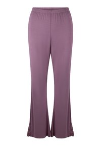 Svijetlo ljubičaste hlače od mekanog platna, s izraženim zvonastim krojem i ukrasnim čipkama na rubovima za dodatni detalj. Uključena je i elastična pasica.