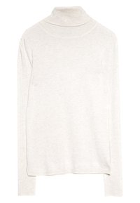 T-shirt gris clair à manches longues et col roulé, fabriqué en matière tricotée douce. Présente une silhouette ajustée et un design simple sans motifs.