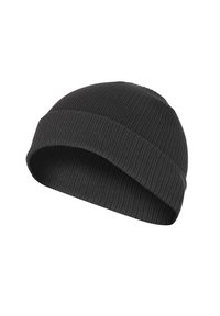 Black knitted beanie with a ribbed texture, featuring a snug fit and a rolled cuff at the base. Material is soft, stretchy fabric.