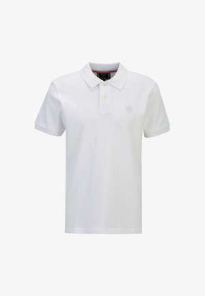 Weißes kurzärmeliges Poloshirt mit Kragen, zwei Knöpfen und kleinem, gesticktem Wappen-Logo auf der linken Brust.