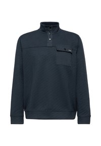 Pullover blu navy con zip a quarti realizzato in tessuto testurizzato, dotato di una tasca sul petto con cappuccio e due bottoni a pressione sul colletto.