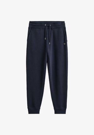 Granatowe spodnie dresowe z elastycznym paskiem, sznurkiem, bocznymi kieszeniami i ściągaczami, z małym haftowanym logo po prawej stronie.