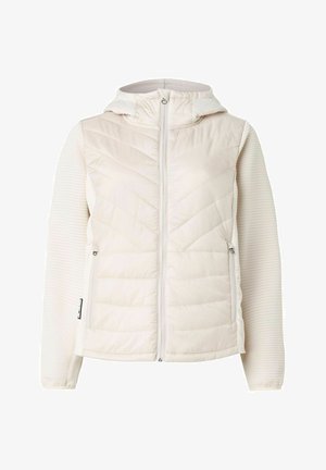 Veste légère à capuche en blanc cassé. Présente un devant matelassé, des manches côtelées, une fermeture éclair et des poches latérales. Texture douce sur l'ensemble.