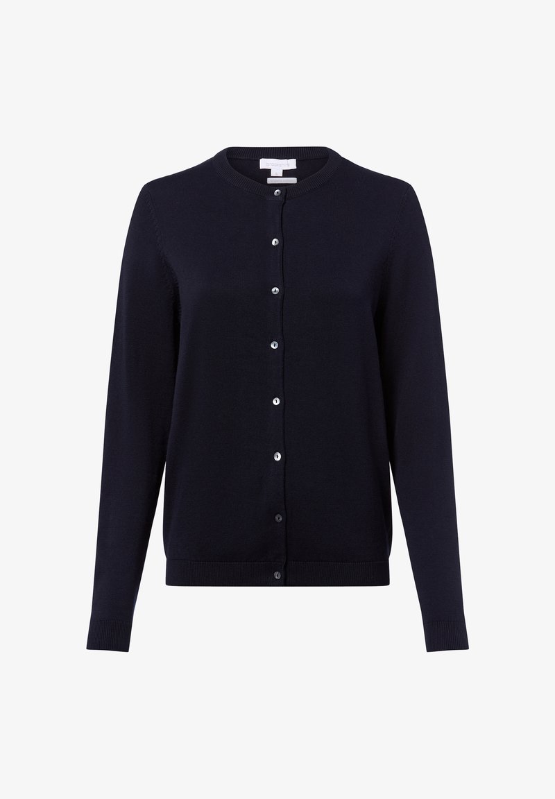 Cardigan en maille bleu marine à col rond, devant à boutons, manches longues, avec des poignets et un ourlet côtelés ; présente une texture lisse et un léger éclat.