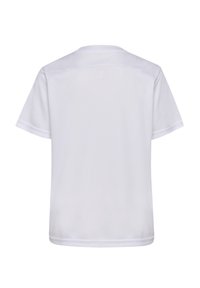 Vit t-shirt med kort ärm tillverkad av slät tyg. Enkel design med rund hals och sydda sömmar, utan mönster eller grafik.