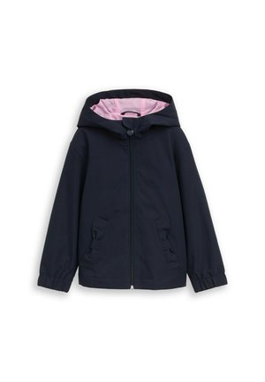 Veste à capuche bleu marine avec fermeture éclair à l'avant, doublure intérieure rose, poignets élastiques et poches avant avec rabats.