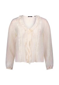 Light cream blouse with long sleeves, ruffled front detail, V-neck, and tie closure. Made of textured, lightweight fabric.